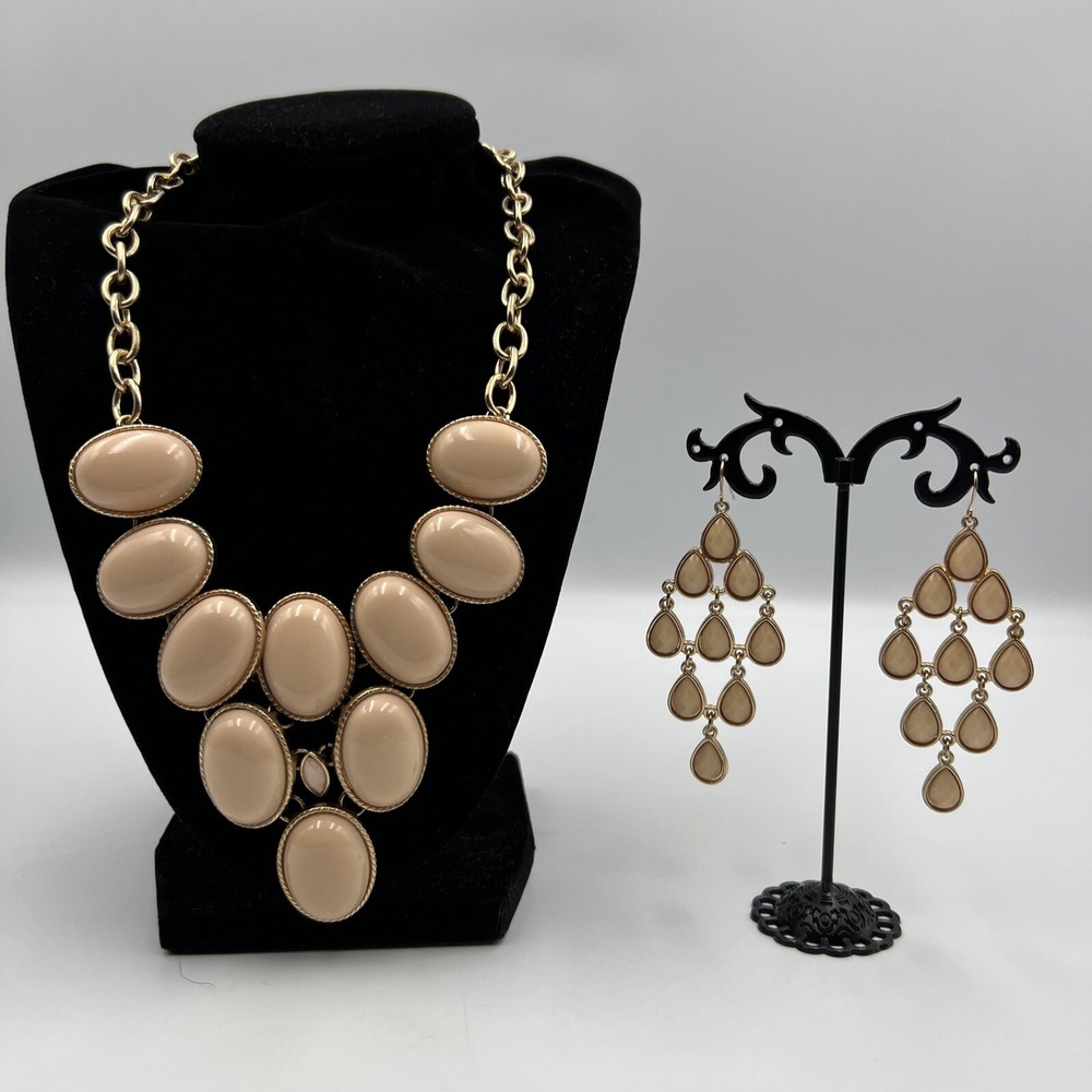 Vtg Women's Peach Bubble Bead Gold Chain Fashion Necklace With Matching Earrings